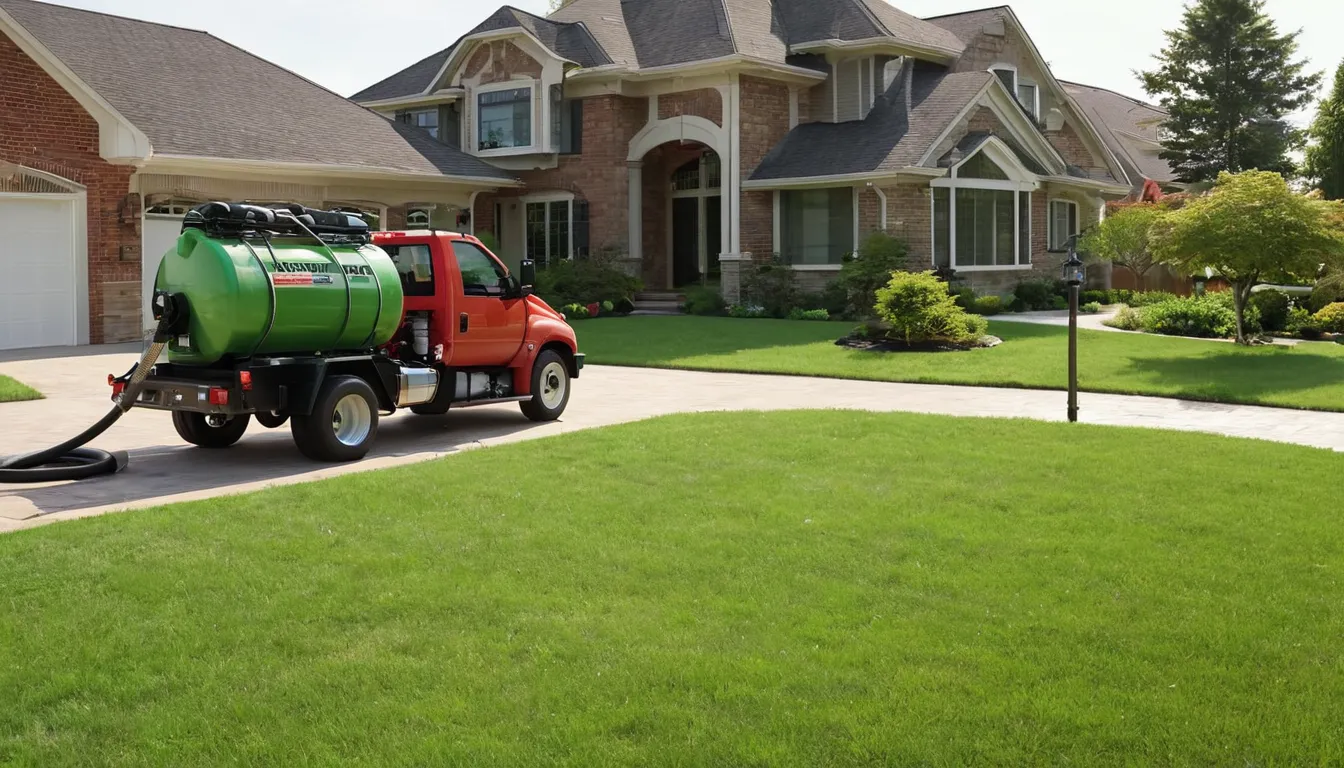 Septic tank pumping truck parked beside a lawn in Hoover while a provider and a homeowner review a clipboard