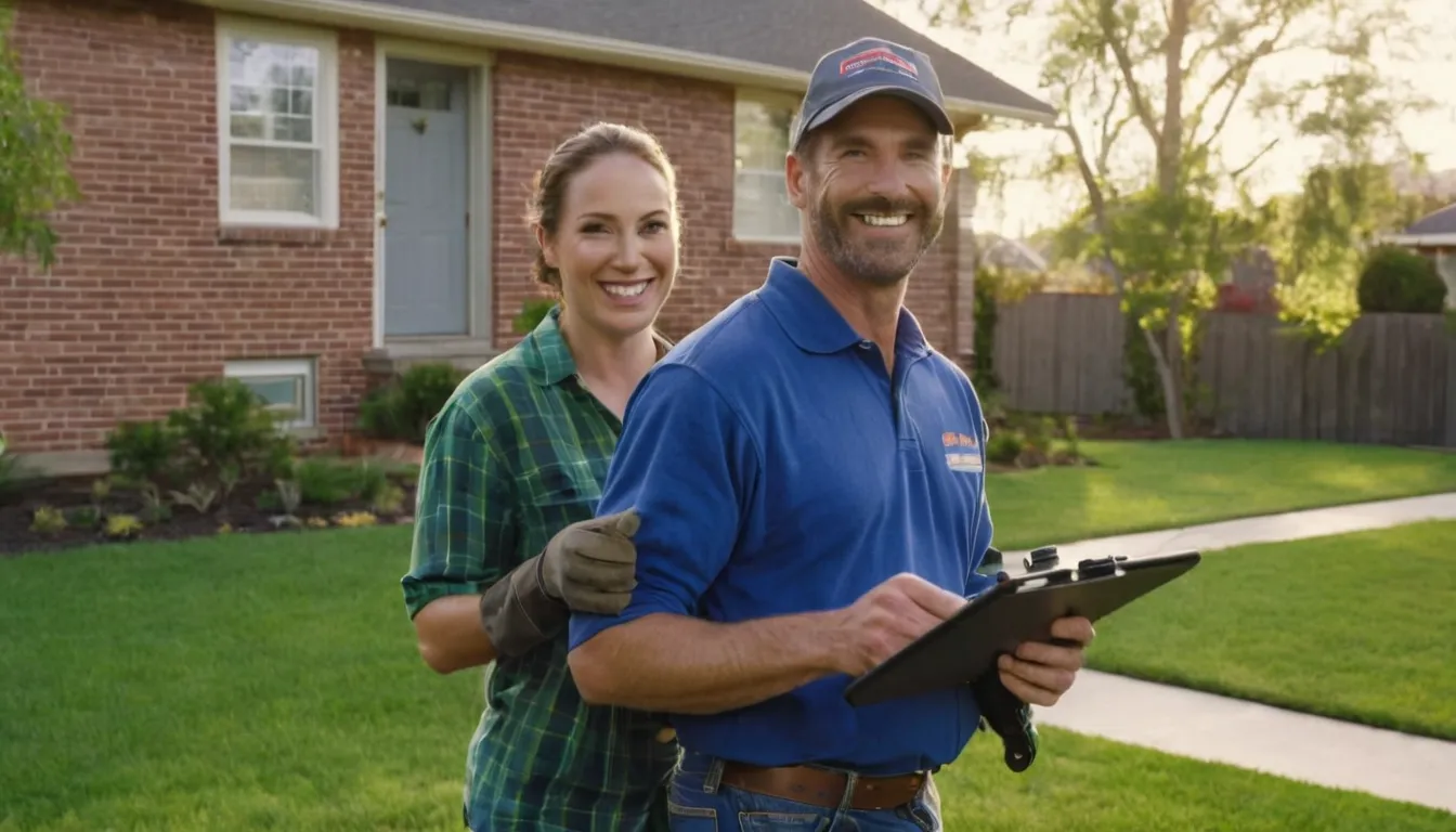 Provider and homeowner reviewing a sewer camera inspection screen in a Hoover front yard